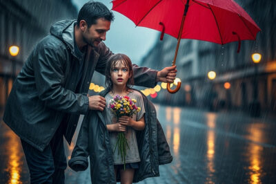 La lluvia caía con furia sobre el asfalto, formando pequeños ríos que corrían ansiosos hacia las alcantarillas. Desde el interior de mi auto, con la calefacción encendida y música suave acompañando el momento, la vi: una niña pequeña, no mayor de ocho años, de pie en la esquina con un ramo de flores marchitas entre los brazos. Su chaqueta delgada era un mal chiste frente al agua que la empapaba por completo.