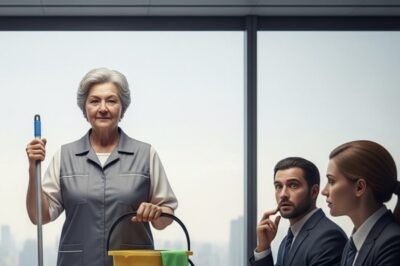 Una limpiadora en la sala de reuniones