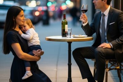 Ella will incliño sobre la acera, sosteniendo con ternura a su bebé contra el pecho. “No busco dinero, solo un instante de su atención”. El hombre con traje oscuro levantó la mirada de su copa de vino, sin sospechar que aquellas palabras derrumbarían las certezas en las que había vivido toda su vida.