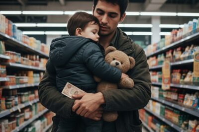 Un padre soltero en bancarrota, con los ojos hundidos por noches sin dormir, cruzó las puertas automáticas del supermercado con un único billete arrugado en el bolsillo… y su hija hambrienta en brazos.
