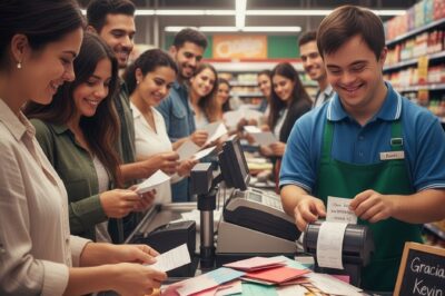Un chico con síndrome de Down trabaja en una caja y deja mensajitos positivos en cada ticket. Un día falta, y los clientes hacen fila solo para dejarle cartas de cariño.