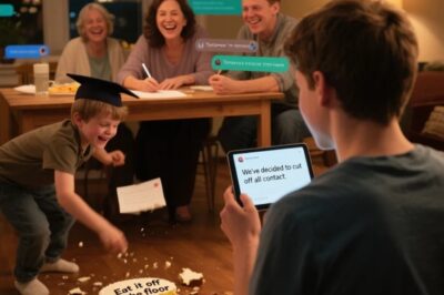 El hijo de mi hermana tiró mi pastel de graduación al suelo y dijo: “Cómelo del piso”. Toda la mesa se echó a reír. Yo no dije ni una palabra. Esa misma noche, mamá me escribió: “Hemos decidido cortar todo contacto. Aléjate para siempre”. Mi hermana le dio “me gusta”. Yo respondí: “Mañana elimino mi nombre de todos los préstamos”. Para medianoche, el chat familiar estaba inundado… 100 llamadas perdidas.