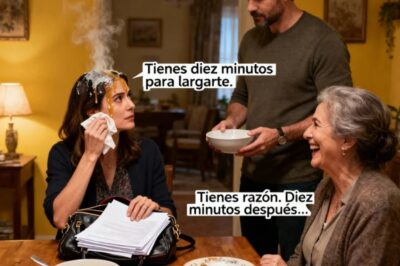 En la cena familiar, mi esposo me vertió sopa caliente sobre la cabeza mientras su madre se reía. Luego dijo: “Tienes diez minutos para largarte.” Me limpié la cara, saqué unos papeles de mi bolso, los puse sobre la mesa y dije con calma: “Tienes razón. Diez minutos después…”