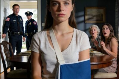 En la cena familiar estaba sentada allí con el brazo roto, sin poder siquiera comer. Mi suegra dijo: “Mi hijo le dio una lección”. Y su hermana presumió: “Ella pensó que mandaba”. Yo solo sonreí. Treinta minutos después, sonó el timbre y él descubrió quién realmente manda en esta casa.