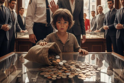Un niño harapiento entró silenciosamente en la lujosa joyería y derramó miles de monedas frías sobre el vidrio reluciente