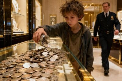 Un niño harapiento entró silenciosamente en la lujosa joyería y derramó miles de monedas frías sobre el vidrio reluciente. El guardia de seguridad estaba a punto de expulsarlo, pensando que la pobreza que cubría su cuerpo era una mancha frente a los clientes adinerados. Pero en ese instante, la gerente se detuvo… porque las palabras que el niño acababa de pronunciar dejaron a toda la sala en silencio.