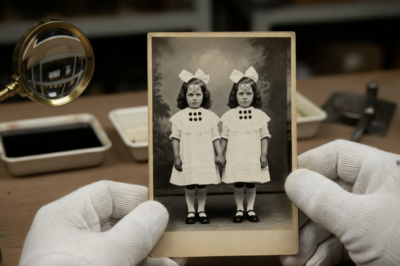 Foto de 1902: gemelas con moños, adorable… hasta ver un diminuto número de paciente.