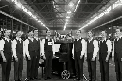 Este retrato de 1921 de un coro de fábrica “feliz” parece alegre hasta que ves la etiqueta del cuello del hombre.