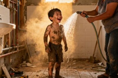 CON EL BAÑO EN REMODELACIÓN… NIÑERA BAÑA AL NIÑO CON LA MANGUERA…